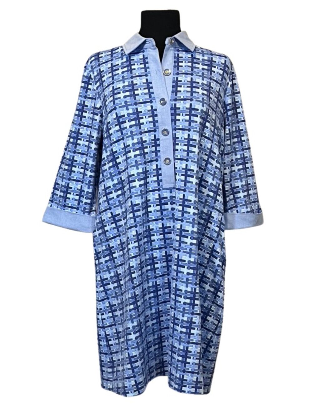 J McLaughlin Blue Geometric Collared 3/4 Sleeve Dress L